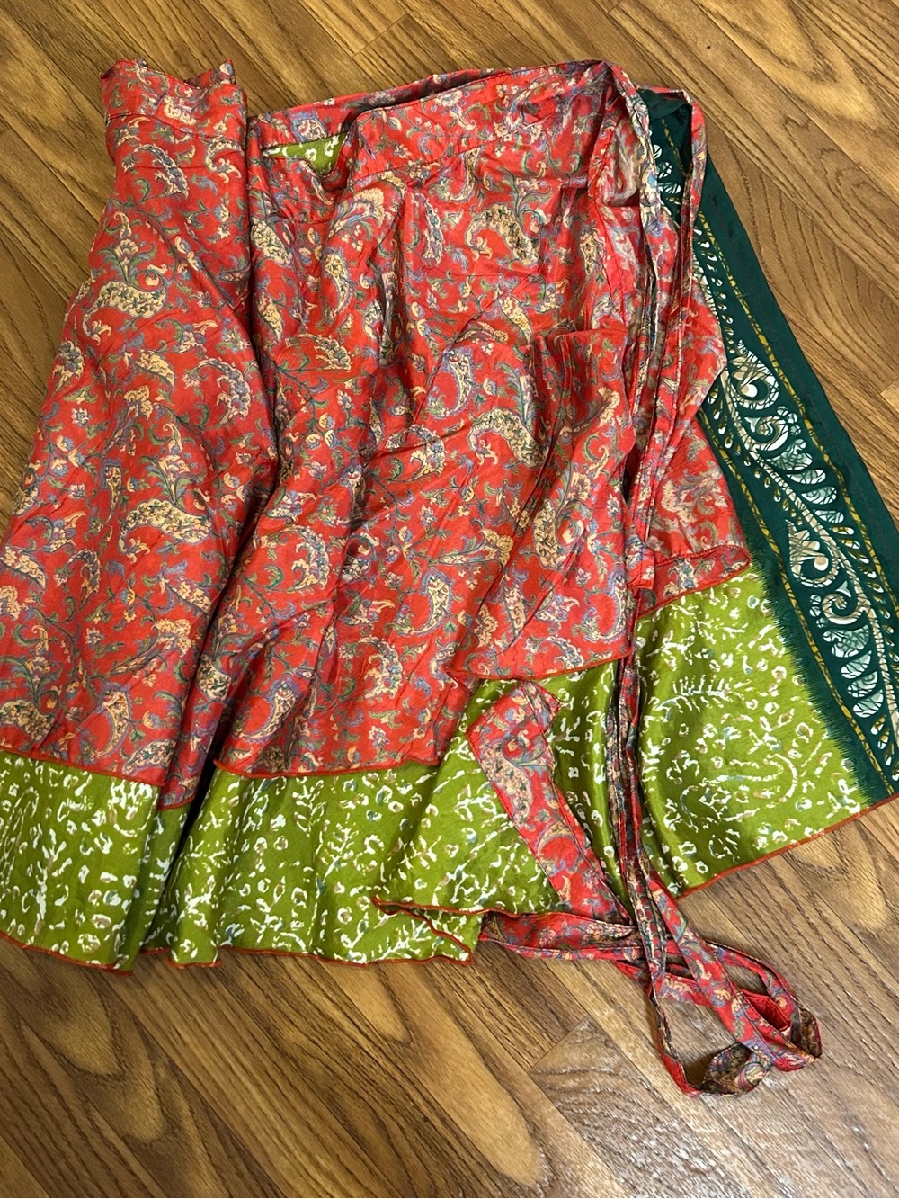 Red And Green Bohemian Sari Magic Wrap Skirt